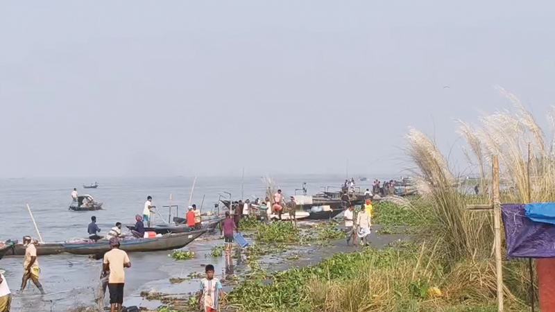 নিষেধাজ্ঞা অমান্য করে সন্ধ্যা হলেই ইলিশ শিকারে নামেন জেলেরা