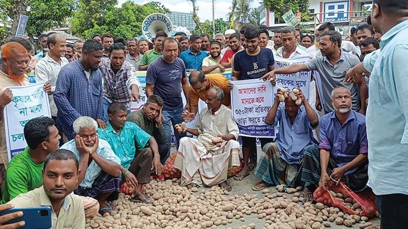 কুড়িগ্রামে হিমাগারে ভাড়া বাড়ানোর প্রতিবাদে আলু ফেলে সড়ক অবরোধ