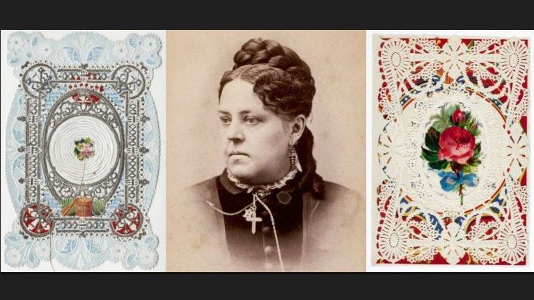 Esther Howland and two of her greeting cards