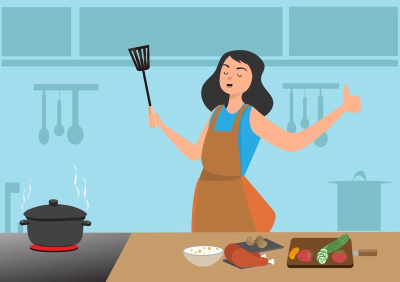 a-woman-cooking-in-a-good-mood-she-is-making-chicken-curry-for-dinner-free-vector