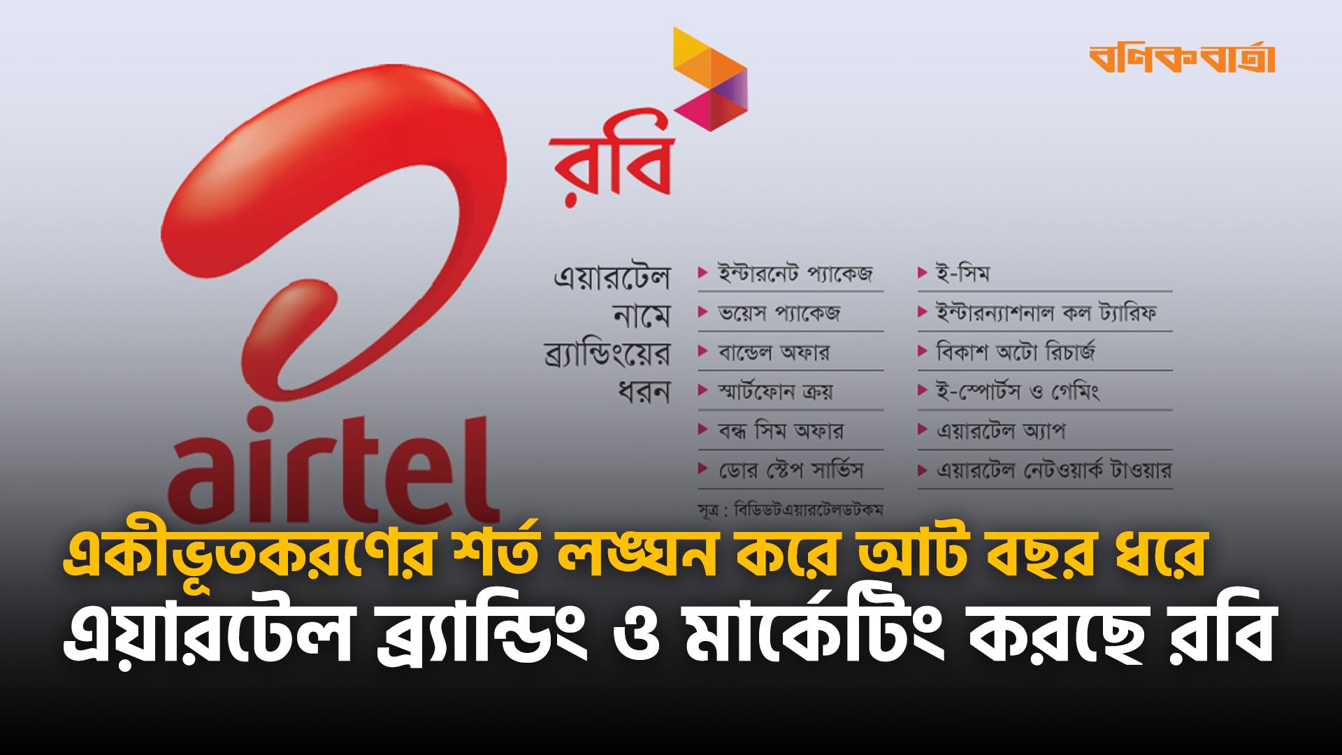 একীভূতকরণের শর্ত লঙ্ঘন করে আট বছর ধরে এয়ারটেল ব্র্যান্ডিং ও মার্কেটিং করছে রবি