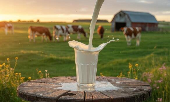 fresh-milk-pouring-and-splashing-into-a-glass-on-a-rustic-farm-table-with-cows-and-barn-at-sunset-photo