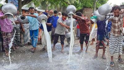 সিংড়ায় ন্যায্যমূল্য না পাওয়ায় মাটিতে দুধ ফেলে প্রতিবাদ