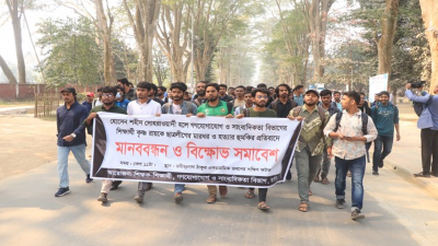 রাবিতে শিক্ষার্থী নির্যাতনের প্রতিবাদে মানববন্ধন বিক্ষোভ শিক্ষকের প্রতীকী অনশন