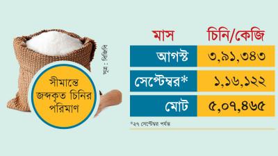 সীমান্তে দুই মাসে ভারত থেকে আসা ৫ লাখ কেজি চিনি জব্দ