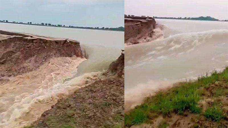পানির চাপে ভেঙে গেল ঝিনারিয়া  হাওরের রাস্তা, ডুবছে ফসল